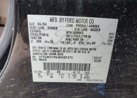 2004 Ford F350 Lariat/Xl/Xlt from USA, damaged, VIN 1FTSW31P64ED87473